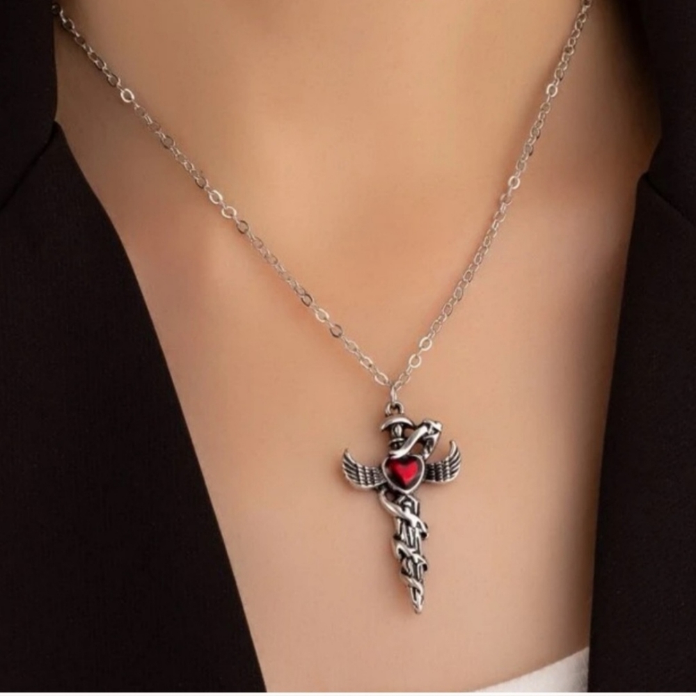 Antique Silver Red Heart Sword Necklace